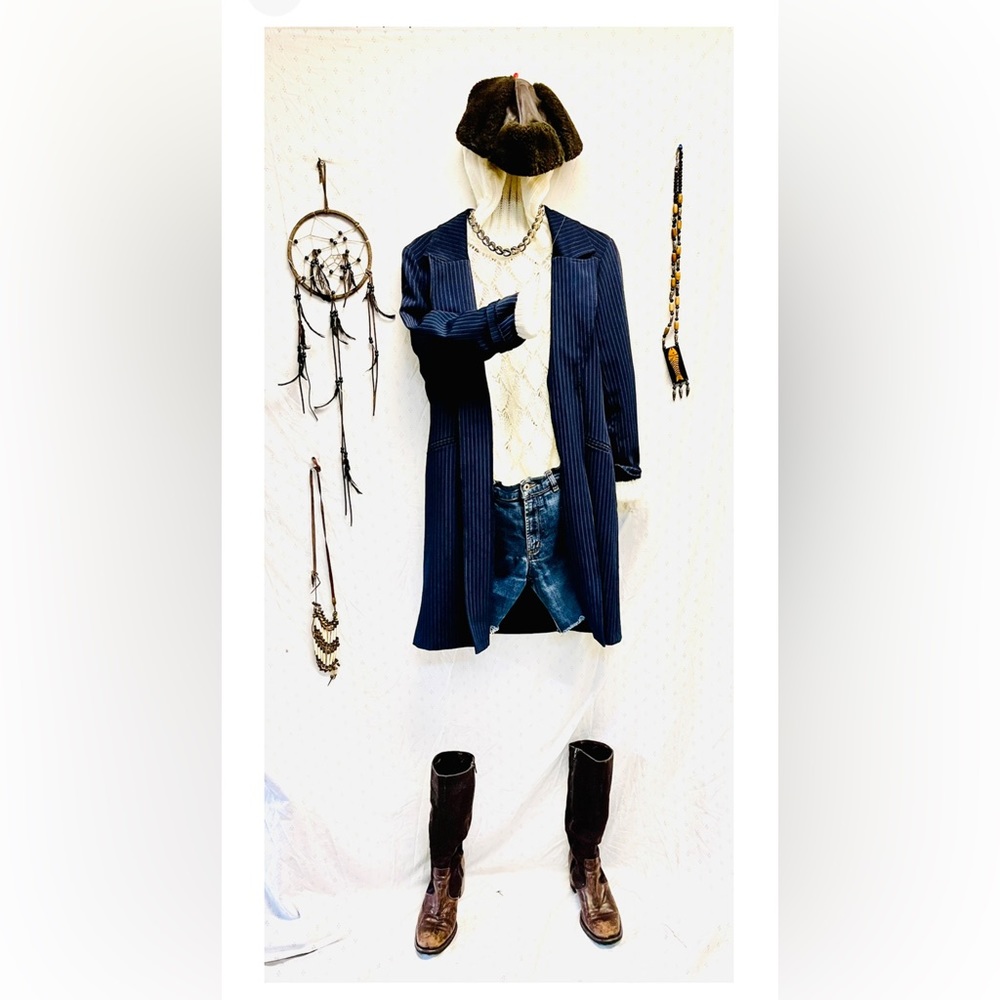 Vintage 1990’s Long Duster Blazer Navy Blue Pin Stripe